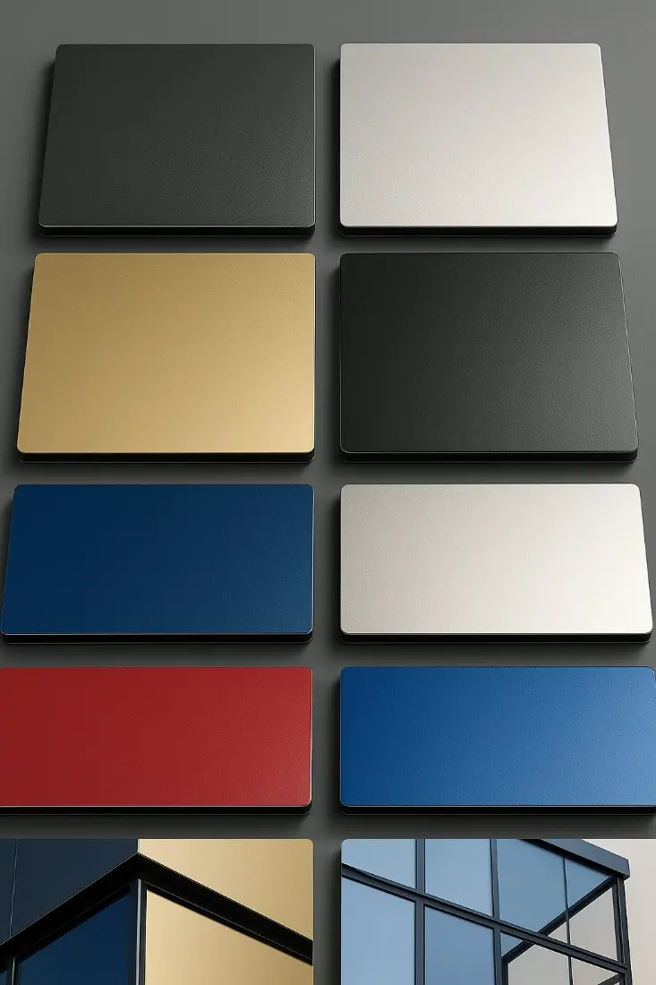 Aluminium composite panel colour samples: anthracite, silver, gold, blue and red