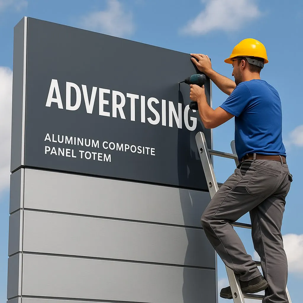 Aluminium composite panel advertising totem being installed