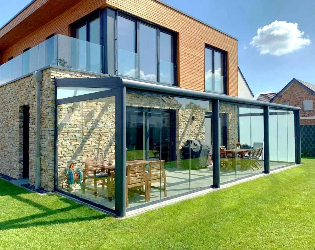 Aluminium glass roof veranda with sliding glass walls