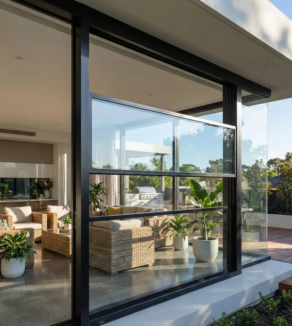 Bioclimatic pergola with open aluminium louvres above an outdoor seating area