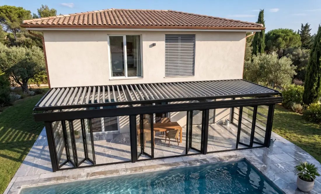 Bioclimatic aluminium pergola with louvered roof and folding glass