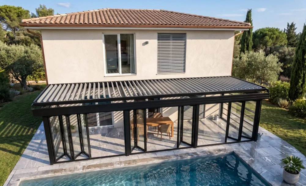 Bioclimatic aluminium pergola with folding glass walls